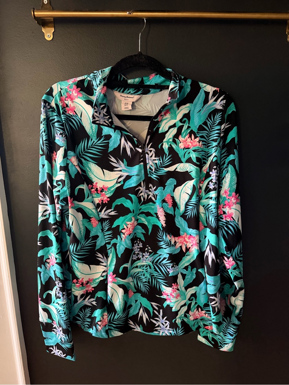 Tommy Bahama Black Tropical Print Long Sleeve Top with Teal and Pink Accents